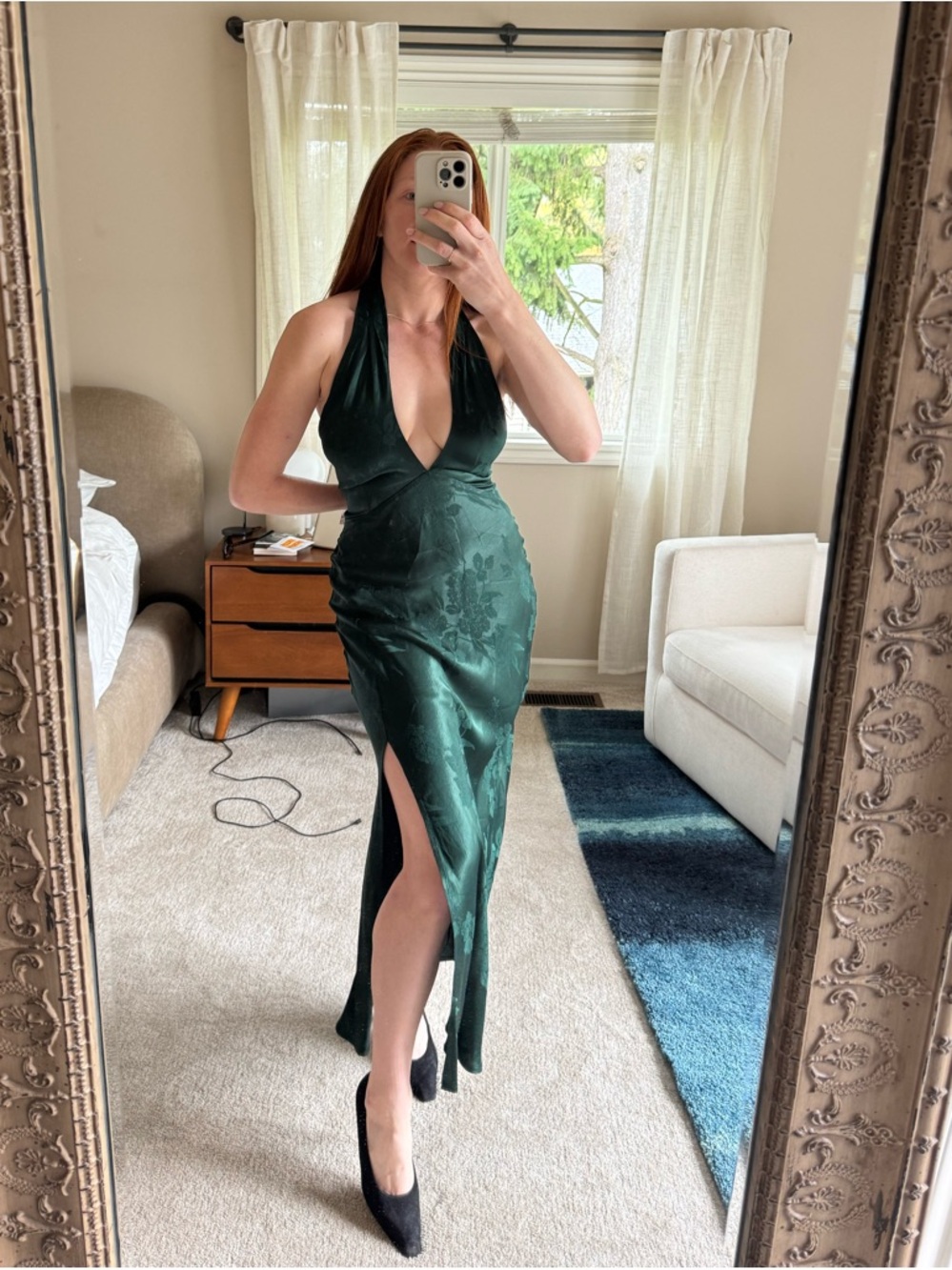 Astr Emerald Green One-Shoulder Halter Satin Dress with Side Slit